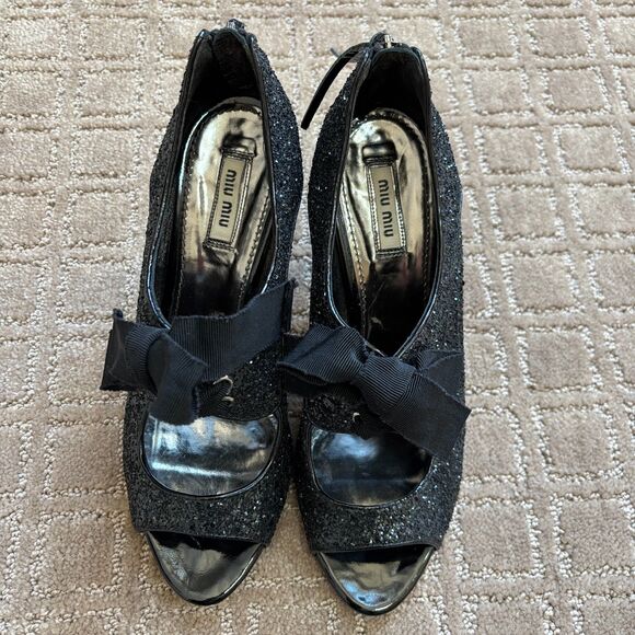 Miu Miu Glitter-Covered Leather Peep-Toe Oxford Pumps Women's 39 Black Italy - Picture 3 of 10